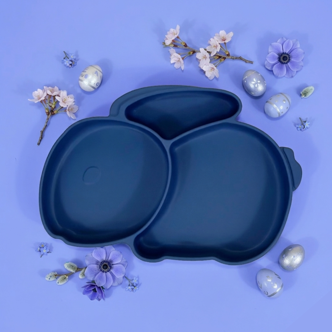 Piatto Ventosa Compartimentato in Silicone Coniglietto – Marble Blue