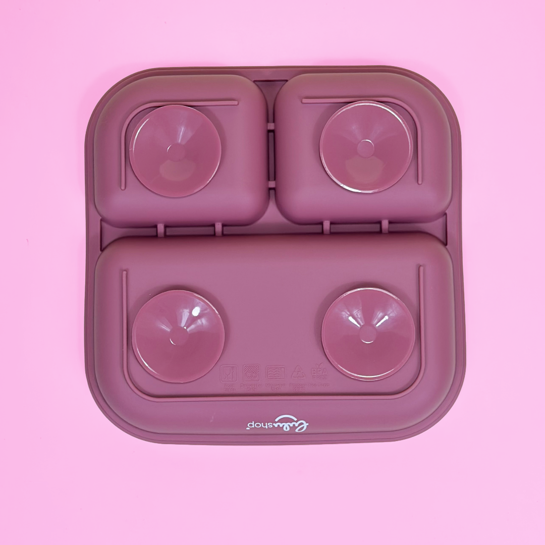 Piatto Compartimentato Quadrato in Silicone con Ventosa Antiscivolo – Pink Daisy