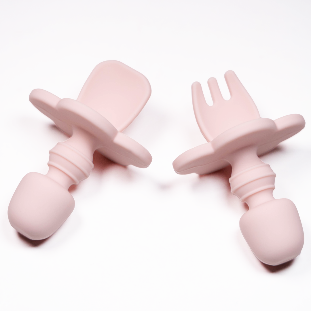 Set 2 pezzi Mini Forchetta e Cucchiaio Silicone Baby Pink